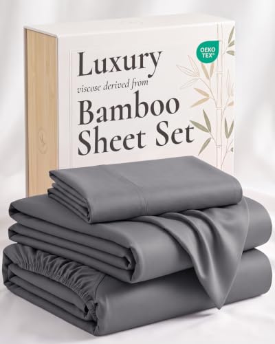 Image of Hotel Sheets Direct 3 Piece Bed Sheet Set Twin Size, 100% Viscose Derived from Bamboo Sheets Set with 1 Pillowcase, Cooling & Breathable Luxury Bedding, Moisture-Wicking & Silky Soft, Dark Gray
