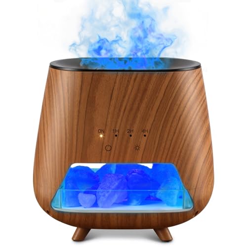 JJNJJN Essential Oil Diffuser for Home: 200ml Aromatherapy Diffuser with Himalayan Pink Salt Rock, Cool Mist Humidifier with Auto Off Function and 9 Colors LED Night Light for Bedroom, Brown