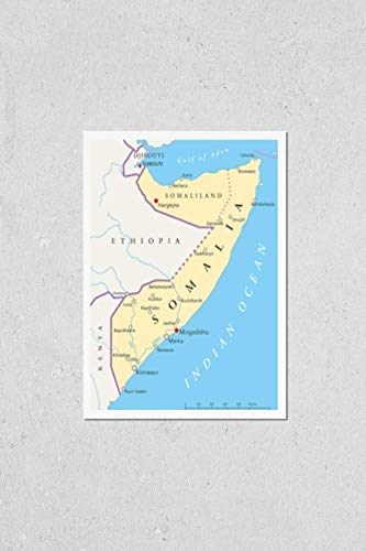 Wall Art Poster Print of Somalia Political Map With Capital Mogadishu, With National Borders, Most Important Cities and Rivers. Illustration With English Labeling and Scaling.