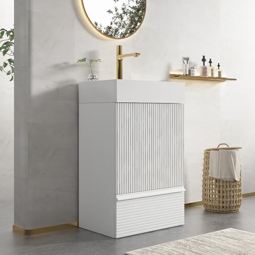 CITTANEO 20" Bathroom Vanity with Sink, Freestanding Single Sink Bathroom Vanity Cabinet with Ceramic Sink, Soft-Closing Door & Drawer for Small Bathroom, White