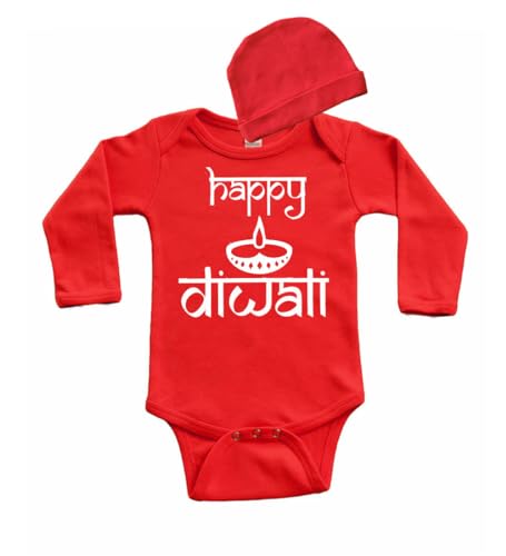 Happy Diwali Baby Gift Set, Long Sleeve Bodysuit and Cap Newborn Diwali Gift