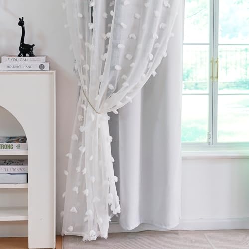 Image of Graylish White Pom Pom Curtains for Nursery Bedroom 52x84 Inch