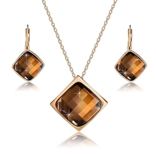EVEVIC Square Austrian Crystal Necklace Earrings for Women Fashion 18K Gold Plated Hypoallergenic Jewelry Set