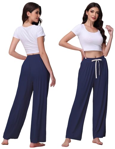 Image of Veseacky Women's Wide Leg Lounge Pants Yoga Pajamas Comfy Stretch Drawstring Pajamas Puls Size Dance Bottoms S-4XL