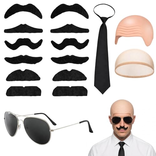 VgxRolq 16 Stück Bald Cap Pitbull Set Glatzenkappe Pitbull mit Sonnenbrille und Bartaufklebern Glatze Perücke Cosplay Zubehör Gummiglatze Kostüm Zubehör für Party Halloween Cosplay Maskerade