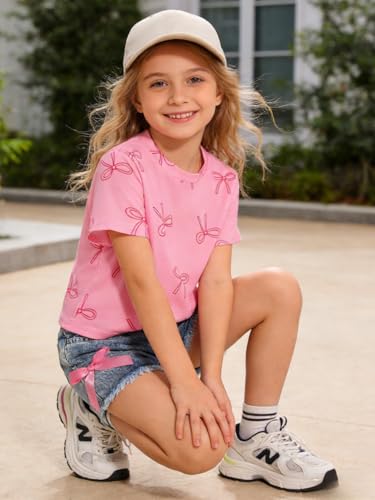 Image of Azmxynol Kid Girls Clothes Outfits Bowknot T-Shirt + 2 In 1 Denim Short Skort Summer Clothing Set, Size 4-10 Years