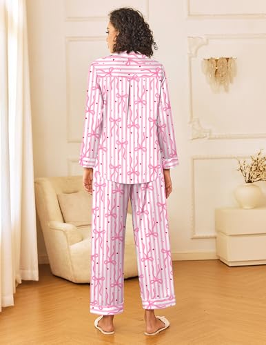 Image of Ekouaer Womens Silk Satin Pajama Sets 2 Piece Sleepwear Pjs Set Long Sleeve Button Down Top and Pants Stripe Loungewear S-XXL