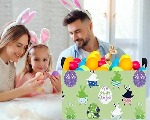 Image of Large Rectangular Easter Baskets Empty Waterproof Boy Toy Box Foldable Kid's Gifts Storage Bin Spring Room Decor(Green Dancing Rabbit Egg)