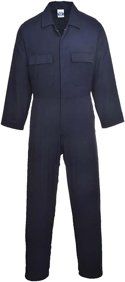 Portwest S998 Men's Euro Cotton Work Coveralls Protective Overalls Breathable Durable Workwear Concealed Stud Multiple Pockets Elastic Waist Boiler Suit for Mechanics Warehouse Garages DIY, Navy, L