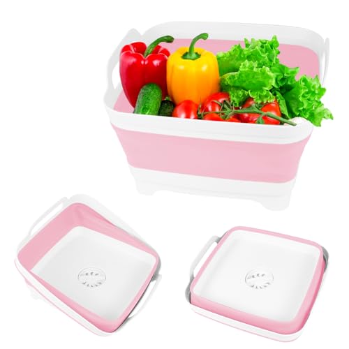Hovom Collapsible Dish Basin with Drain Plug, 8.5L 2.2 Gallon Foldable Wash Basin, RV Portable Camping Sink, Outdoor Multiuse Space Saving Wash Bin for Baby Bottle, Kitchen Storage Tray (Pink)