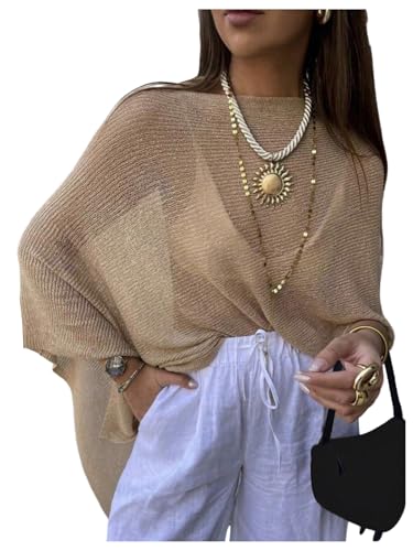 SHENHE Women's Solid Knit Pullover Crochet Mesh Boho Lightweight Sweater Pullovers