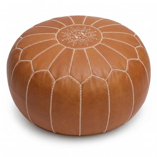 ARTOUARZAZATE Moroccan Leather Pouf Ottoman Cover, 100% Genuine Goatskin Leather, Round Footstool, Unstuffed, Dark Brown, 20 x 20 x 14 in (Brown)