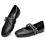 Trary Black Flats for Women Mary Jane Shoes Women Comfortable Square Toe Ballet Flats with Strap Slip On Dress Shoes Casual Office Mary Jane Flat Size 9