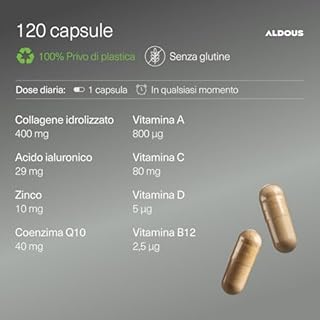 Collagene Idrolizzato con Acido Ialuronico e Coenzima Q10 - Vitamina C, A, D, B12 e Zinco - 120 Capsule - Collagene Integratore Capelli, Pelle, Ossa, Muscoli e Articolazioni - Integratore Bellezza