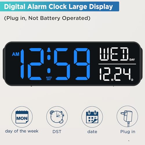 Image of Peakeep Large Display Digital Alarm Clock for Bedrooms, Date Day of Week Calendar Desk Table Clocks for Living Room Office, Dimmable Plug in Electric Clock, 5 Volumes, Loud, Auto DST