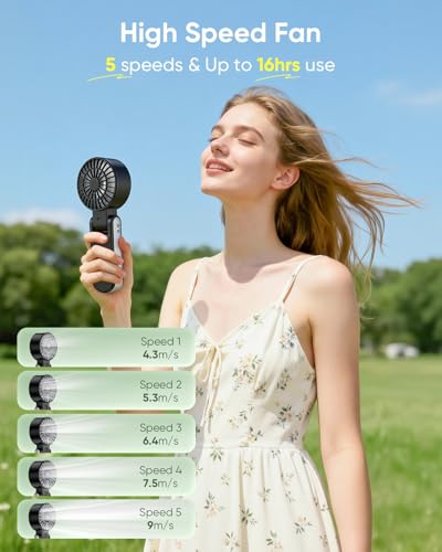 TriPole Handventilator, tragbarer USB Ventilator, 5 Geschwindigkeiten, starker Luftstrom, LED-Anzeige, 4000mAh Mini Ventilator klappbar für Reisen, Urlaub, Tisch, Outdoor, Ausflug (Schwarz) 2