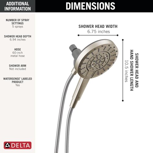 Image of Delta 5-Setting In2ition 2-in-1 Dual Shower Head with Handheld High Pressure ProClean Spray, Brushed Nickel Detachable Shower Head with Hose, 1.75 GPM Flow Rate, Spotshield Brushed Nickel 75548SN
