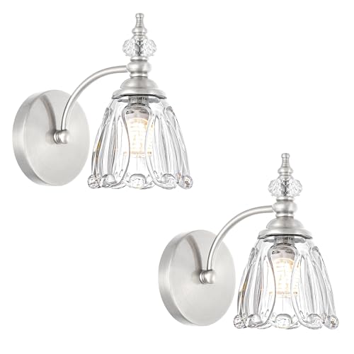 Image of Vintage Wall Sconces Set of Two, Brushed Nickel Bathroom Vanity Light Fixtures, Hardwired Sconces Wall Deco Set of 2, Glass Wall Lights for Bathroom, Bedroom,Hallway (Excludes G9 Bulb)