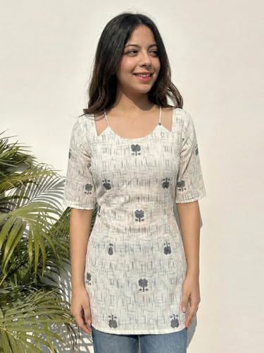 Image of ANNI Designer Women's Viscose Blend Printed Short Kurti | Straight Fit Casual Ethnic Top | Square Neck 3 /4 Sleeve Kurta Office College