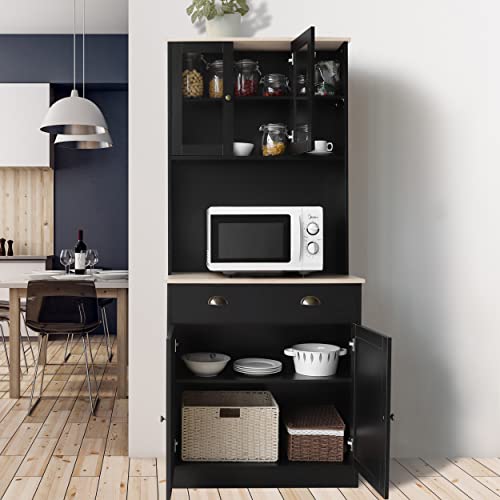 VEIKOU 71\" Kitchen Pantry Storage Cabinet with Buffet Hutch, Kitchen Storage Cabinet w/Glass Doors & Adjustable Shelves, Freestanding Kitchen Pantry Cabinet with Upgraded Metal Hinges, Black - Thumbnail 6