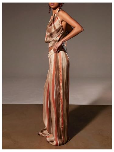 OYOANGLE Women's Satin Wide Leg Pants Striped Low Waisted Silky Dressy Palazzo Trousers4
