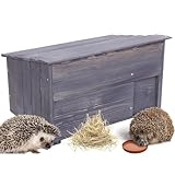 MODO24 Igelhaus aus Holz, Stabiles Igel Winterquartier mit Labyrintheingang, Boden & Trennwand, Igelhütte/Igelhotel für Winterschlaf, inkl. Heu & Futterschale, Maße 27x45x33 cm, Grau imprägniert