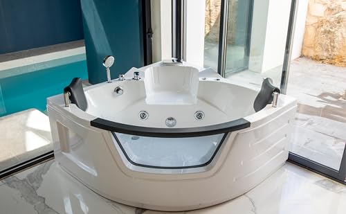 DUPI Bañera Hidromasaje Esquina Angular 2 Plazas NEW CRISTY | 8 Chorros Jets | Control Electrónico | 2 Reposacabezas | Fácil Instalación | Blanco | Acrílico y Fibra de Vidrio (Blanco, 135 x 135 cm)