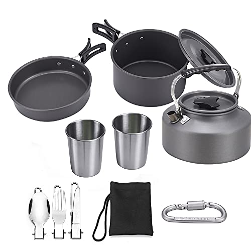 XhuangTech 10PCS Camping Cookware Mess Kit,Camping Pot and Pan Set with Kettle,Lightweight Portable Camping Cooking Set for Hiking,Backpacking,Outdoor and Picnic