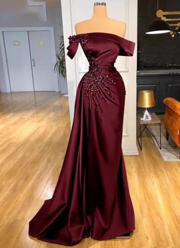 Mermaid Beads Prom Dress with Slit Satin Bridesmaid Dresses 2024 Off Shoulder Evening Formal Party SED01713