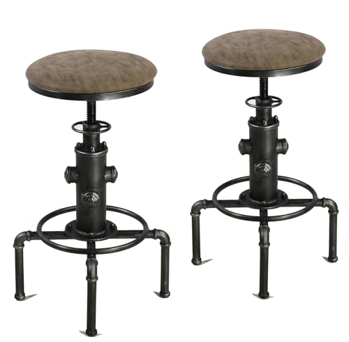 Topower Antique Vintage Industrial Barstool PU Leather Water Pipe Fire Hydrant Design Cafe Coffee Industrial Bar Stool Set of 2 Silver