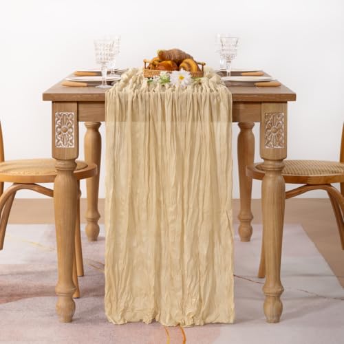 Image of MLMC 6 Pack Champagne Cheesecloth Table Runner 10ft Sand Rustic Gauze Cheese Cloth Table Runner 65x120 Inches for Farmhouse Cozy Holiday Outdoor Events Home Decor