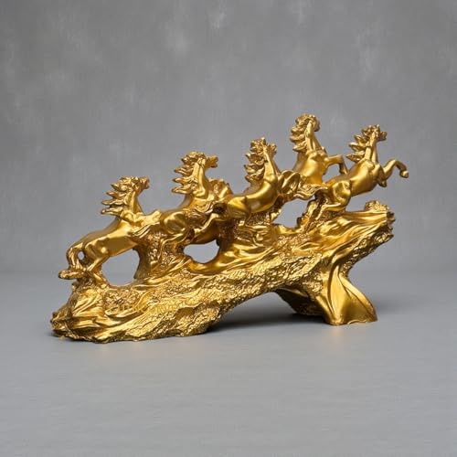 Image of 7 Running Horses | Vastu, Feng Shui Statue for Good Luck Wealth Health Happiness White Horses with Golden Touch | Home Decor Gift for Home, Office, Resin (L-17, H-10 Inch) (Yellow-Golden)
