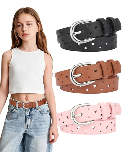 Kajeer Girls Belt for Kids 3 Pcs Durable PU Leather Belt Metal Buckle Full Heart Hole Youth Toddler Belt for Uniform Casual