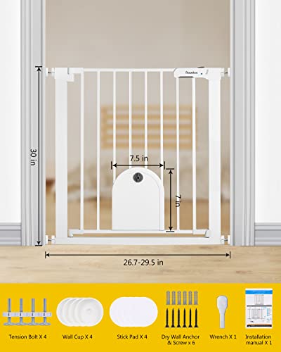 Newnice 26.7-29.5'' Narrow Baby Gate With Cat Door, Auto Close & Easy Walk Thru Dog Pet Gates For Stairs, Doorway, House, Pressure Mounted Safety Child Gate Includes 4 Wall Cups, No Extensions, White #TOP6