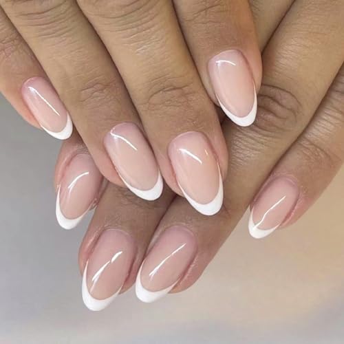 24 Piezas Uñas Postizas Francesas Cortas en Forma de Almendra, Tips de Uñas de Pegamento de Cobertura Completa con Diseño Acrílico Rosa Blanca, Uñas Postizas para Mujeres y Niñas.