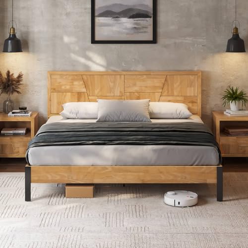 Image of Bme Trapeze King Bed Frame - Modern Solid Wood Bed with Smooth Pattern Headboard, Black Metal Legs, Light Natural Finish - Durable King Size Platform Bed for Contemporary Bedrooms