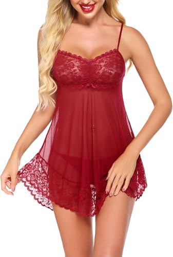 Image of SSoShHub Lace Babydoll Lingerie Sexy Mini Chemise Mesh Wedding Nightie Bridal Nightdress with Bikini