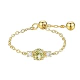 CZ Link Chain Ring for Women, 925 Sterling Silver Adjustable Band Birthstone Stacking Tassel Dangling Statement Rings with Dangle Beaded Ball Dainty Promise Chain Ring Birthday Wedding Jewelry (Gold)