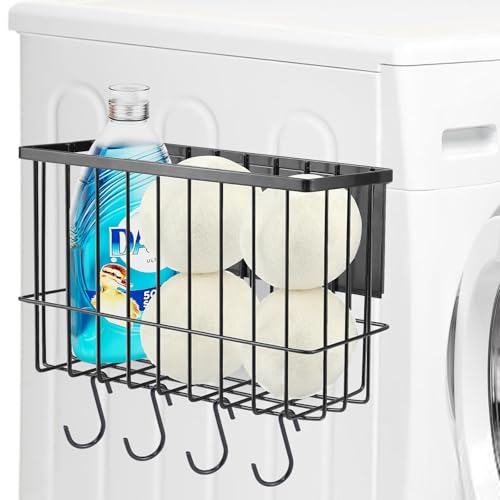 Uopyeri Magnetic Laundry Room Organizer Rack – Matte Black Storage Shelf for Washer or Dryer Side – Magnetic Mount, No Drill – Includes 4 Utility Hooks – Holds Detergent, Dryer Balls, Supplies
