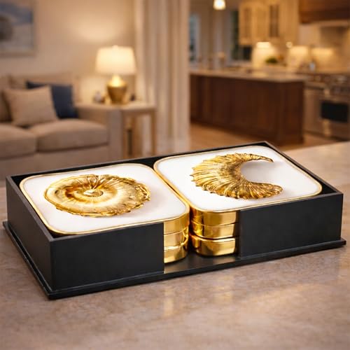 Image of Goelite Stylist Modern Wooden Coasters with Golden Border, Set of 6 with Stand, Handmade for Tea Cups, Coffee Mugs, Beer Mugs, 10 x 10 cm (Marble Pattern)