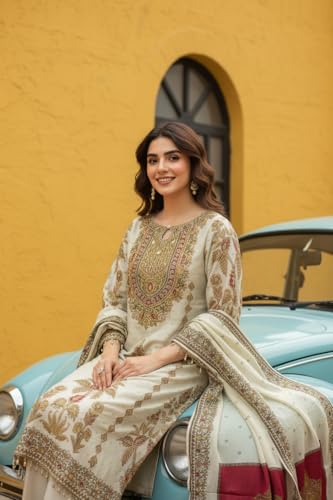 Image of Amazon Brand - Tavasya Womens Ethnic Motifs Embroidered Kurta Pant Set With Designer Long Dupatta