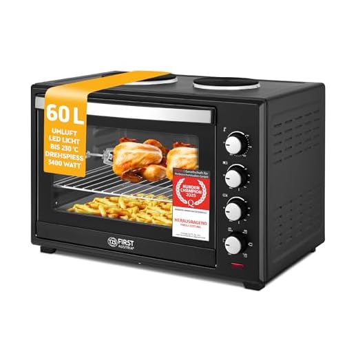 TZS First Austria - 60 Liter 3400W Mini-Backofen mit Kochplatten und Krümelblech | Innenbeleuchtung | Drehspieß | Umluft | Mini-Pizza-Ofen | Kochplatten separat bedienbar | Doppelglastür | Mini-Küche