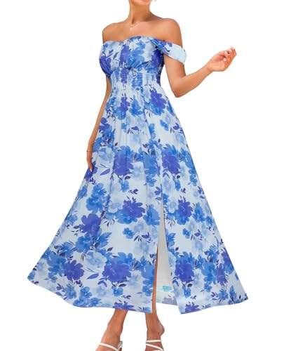 Image of GRACE KARIN 2026 Women's Summer Floral Wedding Guest Dress,Beach Flowy A Line Maxi Off Shoulder Bridesmaid Dresses