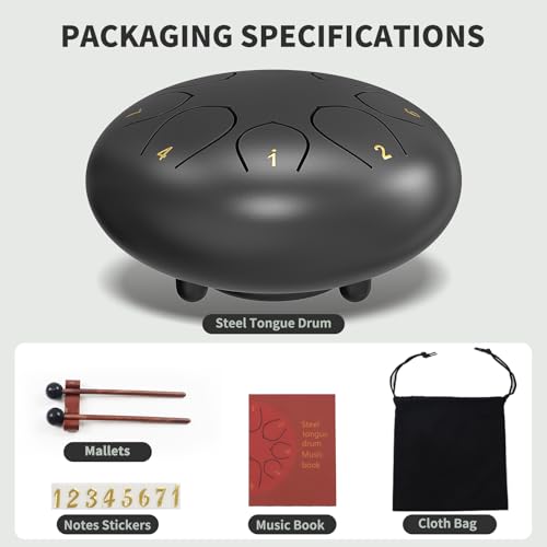 Image of Rain Drum for Outside Garden, 6 Inches 8 Notes Steel Tongue Chakra Drums, Waterproof Echo Rain Chime Meditation Drums, Musical Instruments for Adult Gift with Bag, Music Book, Drum Mallets (Black)