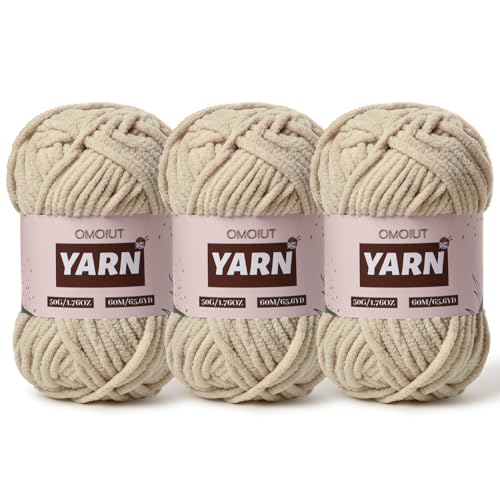 Image of 3 Packs Plush Chenille Chunky Crochet Yarn - Baby Yarn for Crocheting Soft - Velvet Yarns Knitting for Blankets Crafts - Fluffy Amigurumi Yarns 150g / 196.8yds (3 Light Khaki)