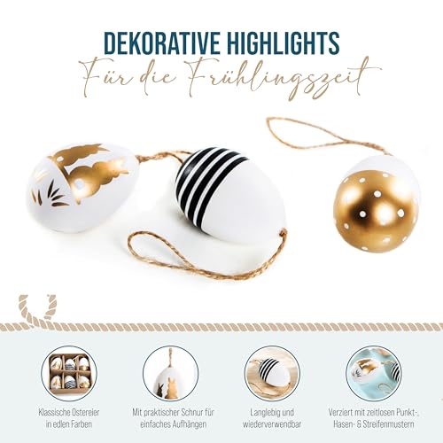 Ostereier-Anhänger, 6er Set: Kleine Osteranhänger aus Plastik, Osterdeko zum Aufhängen, Deko Ostern, Für Osterstrauch, Mit Osterhasen, Schwarz, Weiß & Gold, Modern, Indoor Osterschmuck hängend, 6 cm