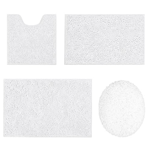Bathroom Rugs Sets 4 Pieces,Chenille Bath Mats,Super Absorbent Soft Washable Bathroom Carpets,Non Slip Contour Mat Toilet Lid Cover and Bath Rug Mats Shower Mats,White by UHOUSEST - Used condition - US$21.41