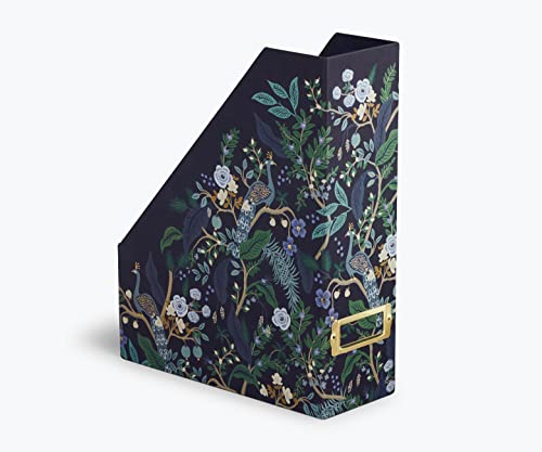 RIFLE PAPER CO. Peacock Magazine Holder - Features Full Color Illustrated Print and Metallic Gold Foil Accents, Metal Label Holder, Matches The Peacock Collection, 10" L x 3.75" W x 12.5" H