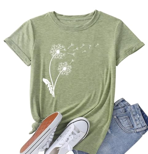 Dandelion Women's T-Shirts Casual Flower Graphic Tees Summer Short Sleeve Shirts (Pea Green,XL)
