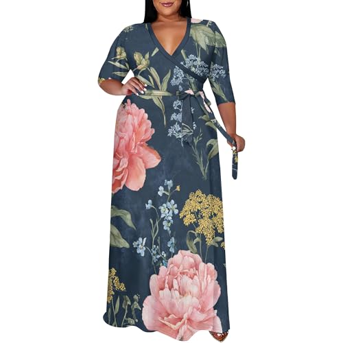 Image of SUZONANA Women's Plus Size Maxi Dresses Casual Loose Short Sleeve Long Maxi Dress with Belt Wedding